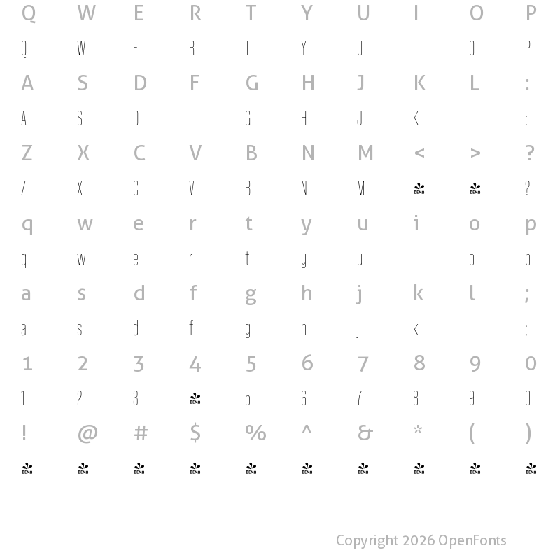 Character Map of FONTSPRING DEMO - Kaneda Gothic ExtraLight Regular