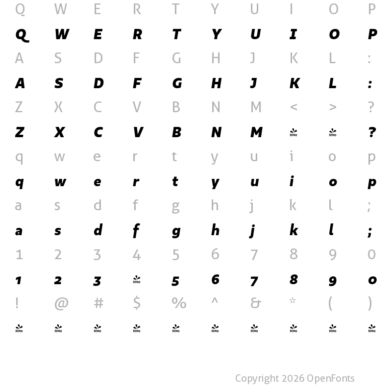 Character Map of FONTSPRING DEMO - Kappa Text Black Italic Regular