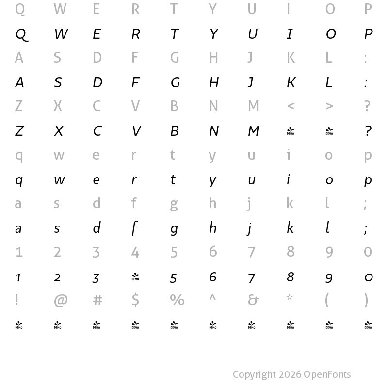 Character Map of FONTSPRING DEMO - Kappa Text Italic Regular