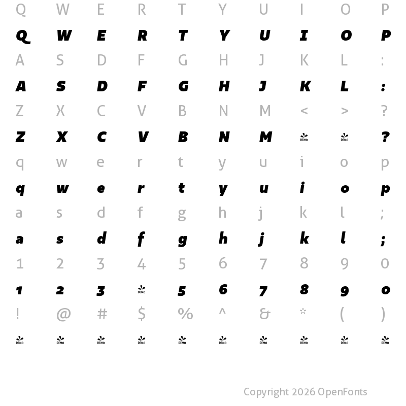 Character Map of FONTSPRING DEMO - Kappa Text UltraBlack Italic Regular