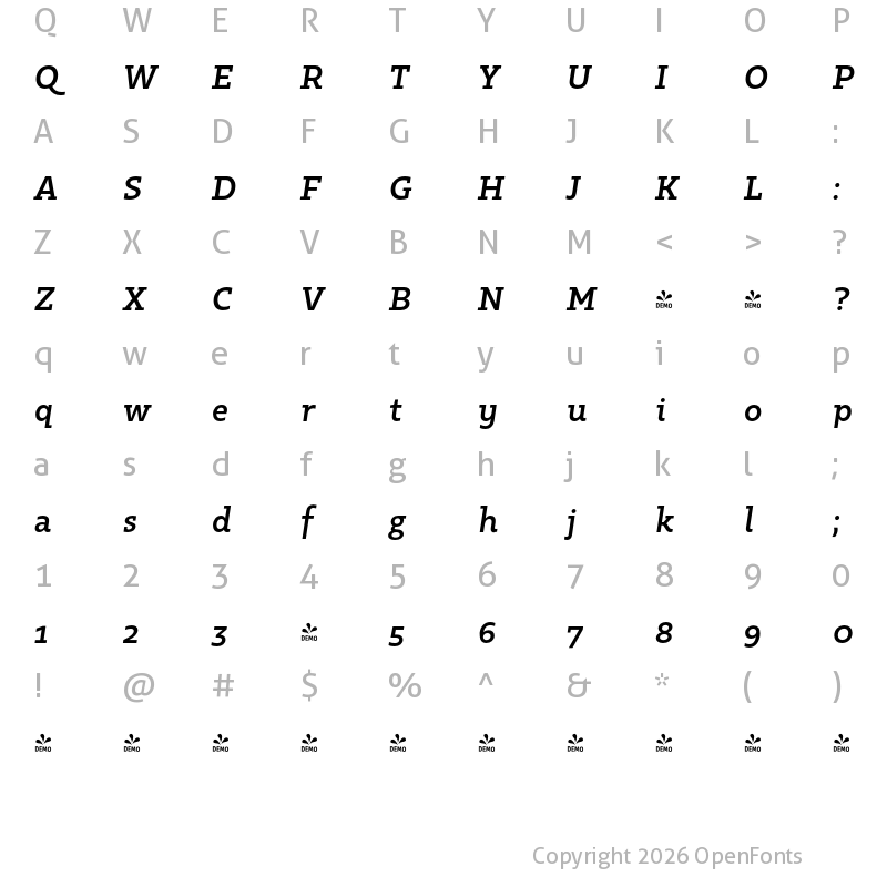 Character Map of FONTSPRING DEMO - Kappa Vol2 BoldItalic Regular