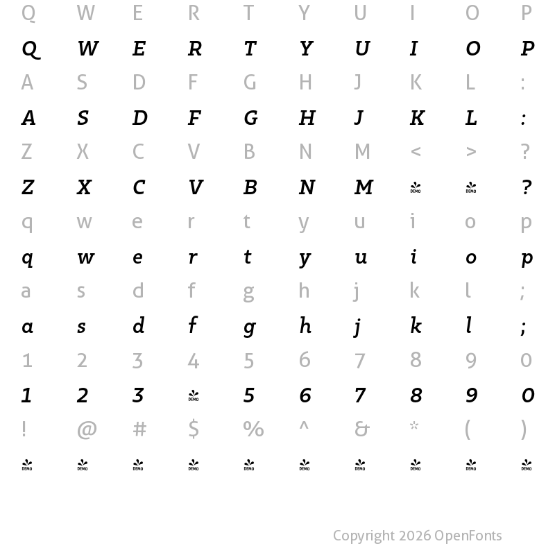 Character Map of FONTSPRING DEMO - Kappa Vol2 D BoldItalic Regular