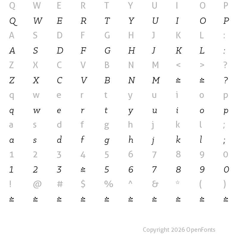 Character Map of FONTSPRING DEMO - Kappa Vol2 D BookItalic Regular