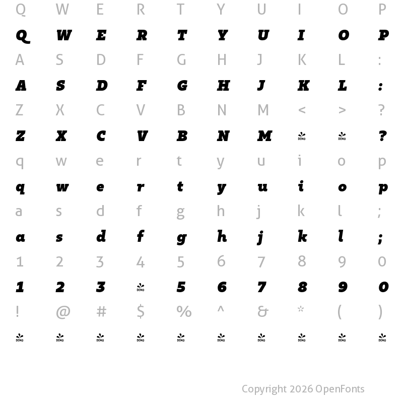 Character Map of FONTSPRING DEMO - Kappa Vol2 D UltraBlackItalic Regular