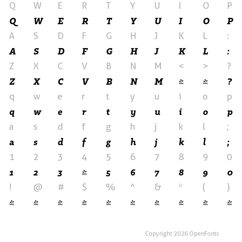 Character Map of FONTSPRING DEMO - Kappa Vol2 ExtraBoldItalic Regular
