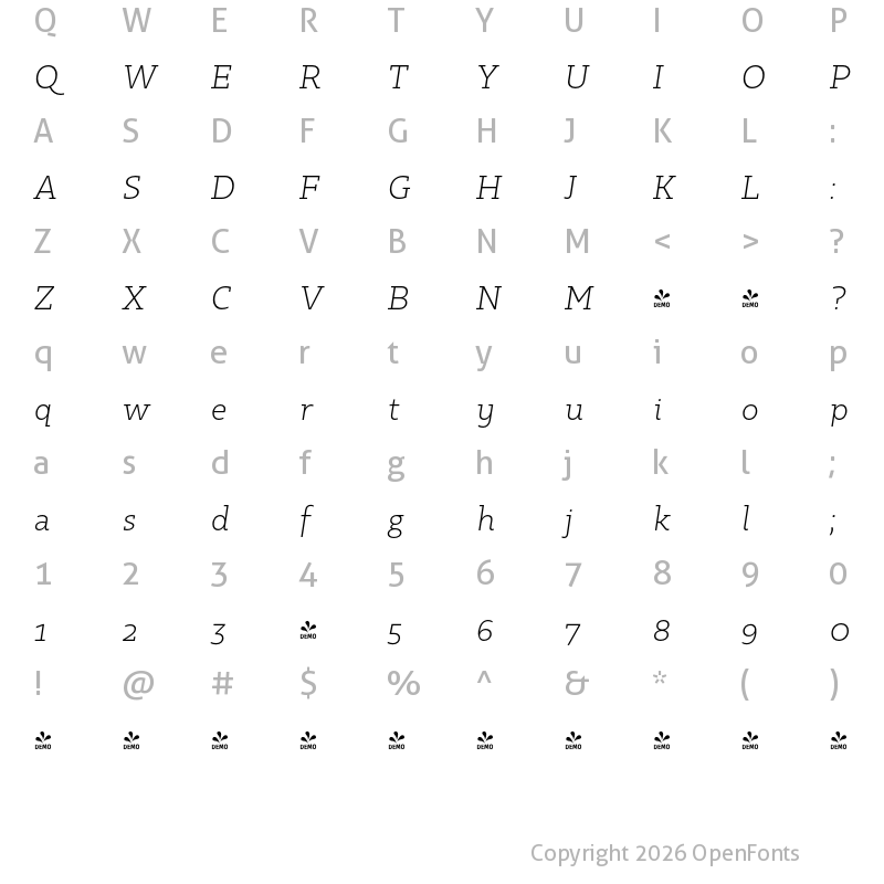 Character Map of FONTSPRING DEMO - Kappa Vol2 LightItalic Regular