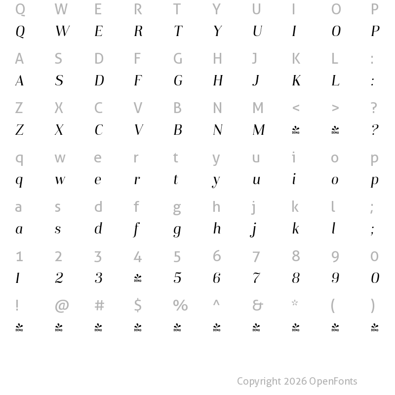 Character Map of FONTSPRING DEMO - Karsten Italic