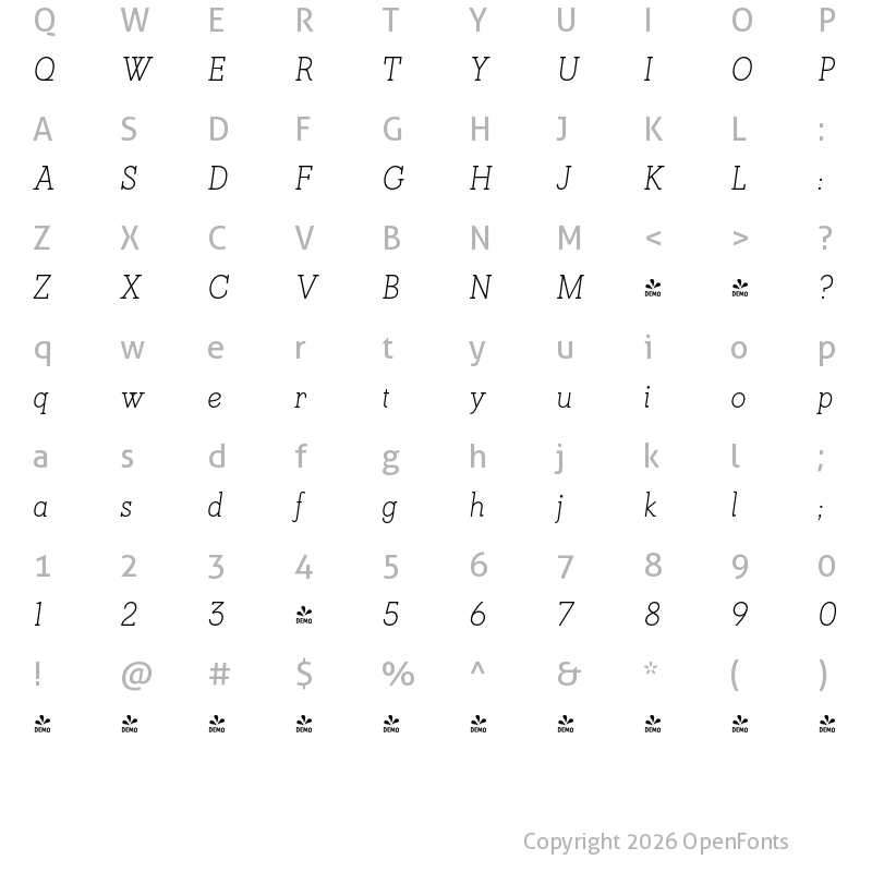 Character Map of FONTSPRING DEMO - KateSlab350SemLtIt Italic