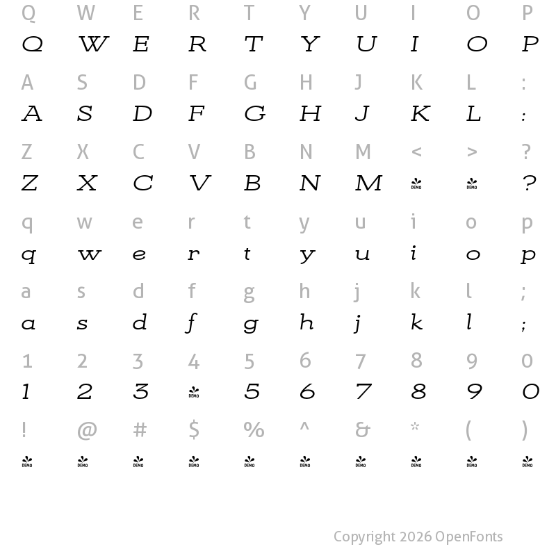 Character Map of FONTSPRING DEMO - KateSlabUltraEx600SemBldIt Italic
