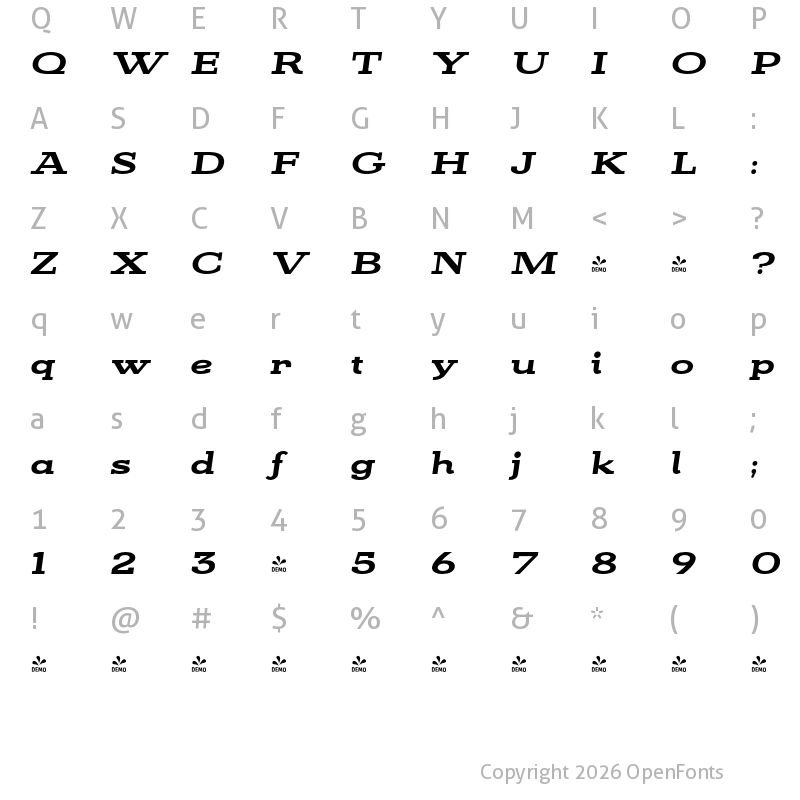 Character Map of FONTSPRING DEMO - KateSlabUltraEx850HvIt Italic