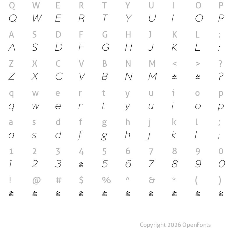 Character Map of FONTSPRING DEMO - Keep Calm Light Italic