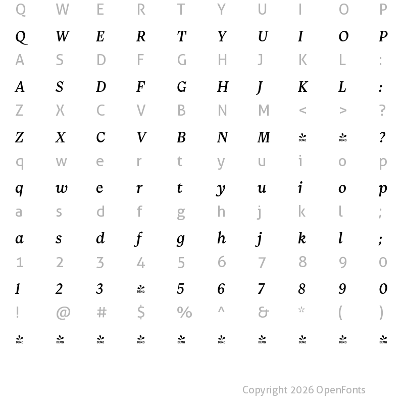 Character Map of FONTSPRING DEMO - Kenac Medium It Regular