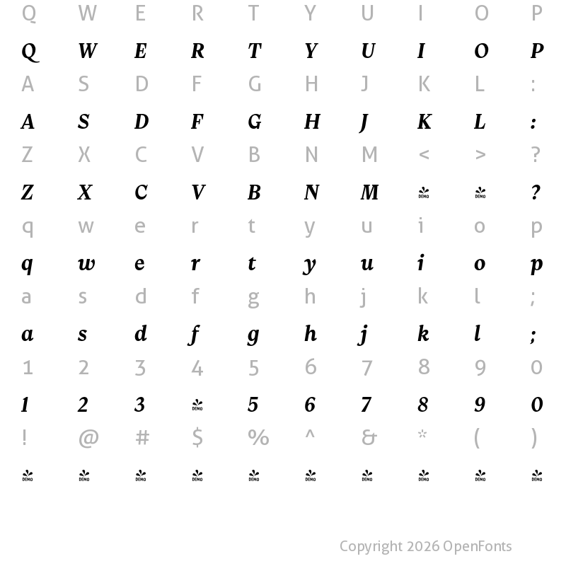 Character Map of FONTSPRING DEMO - Kenac SemiBold It Regular