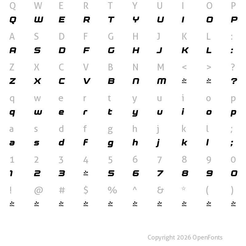 Character Map of FONTSPRING DEMO - Kernel Heavy Italic