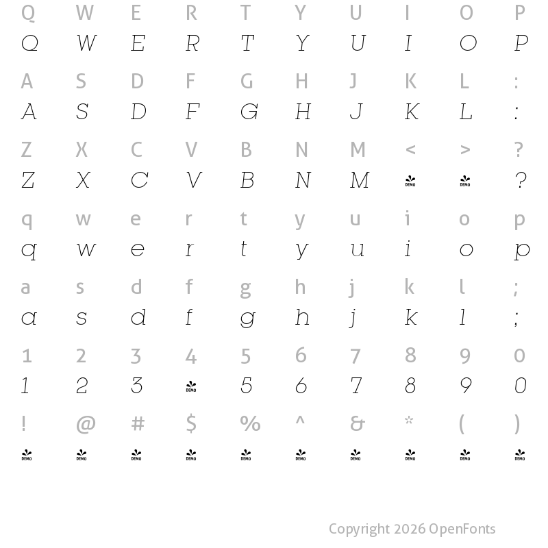 Character Map of FONTSPRING DEMO - Kettering 105 Light Italic