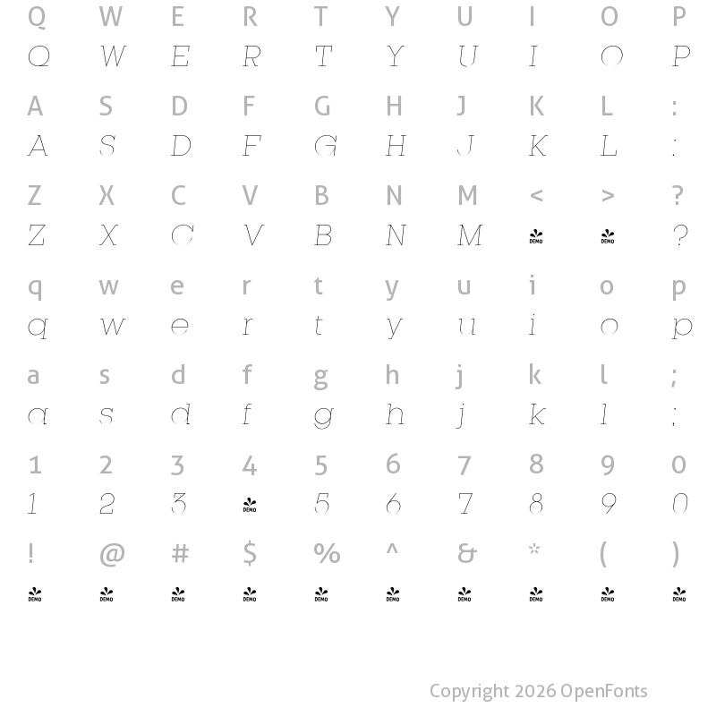 Character Map of FONTSPRING DEMO - Kettering 105 Thin Italic