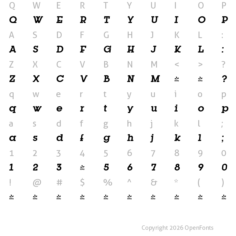 Character Map of FONTSPRING DEMO - Kettering 205 Bold Italic