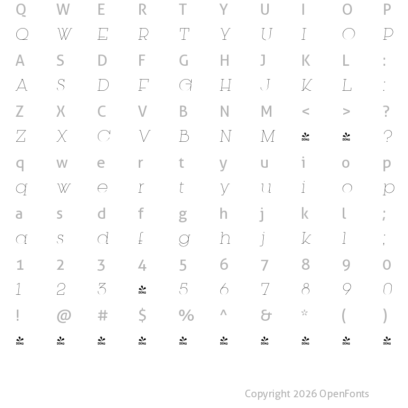 Character Map of FONTSPRING DEMO - Kettering 205 Thin Italic