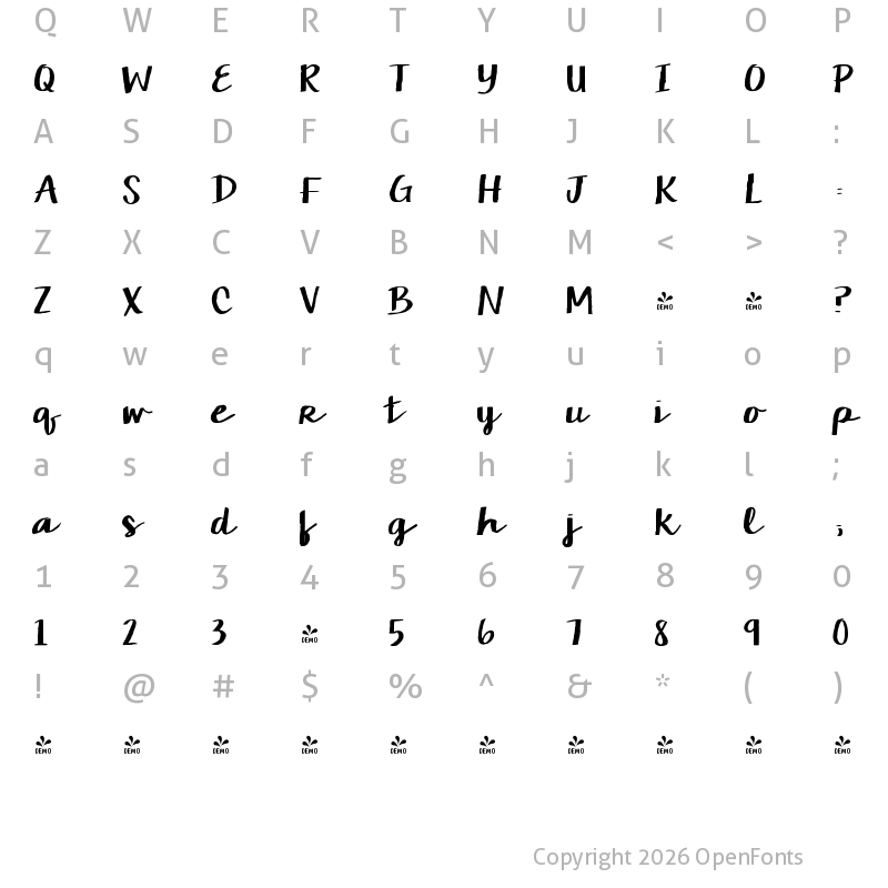 Character Map of FONTSPRING DEMO - KG Camden Market Script Regular