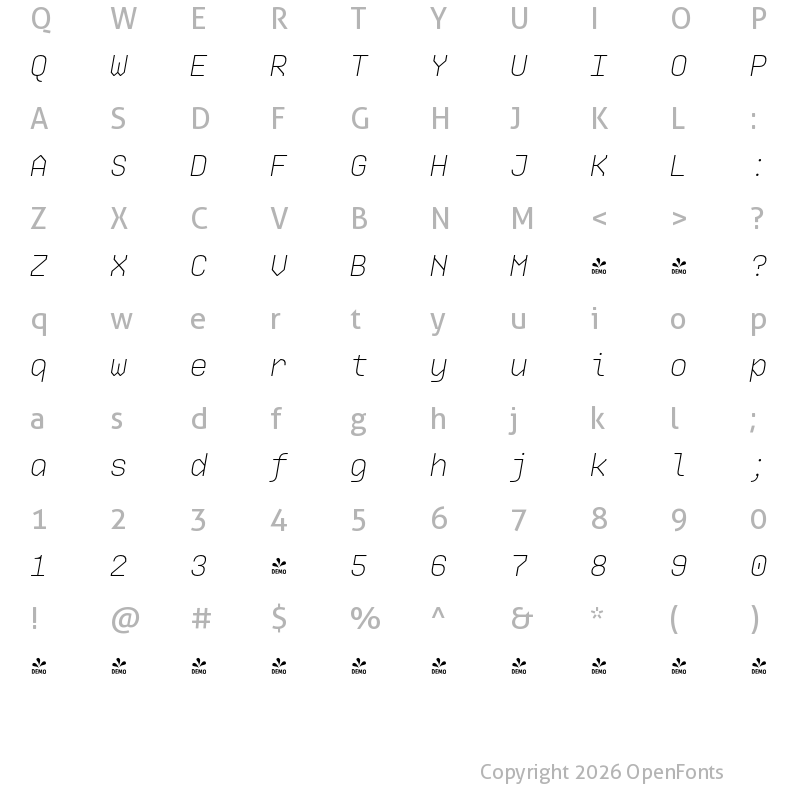 Character Map of FONTSPRING DEMO - Ki ExtLt Italic