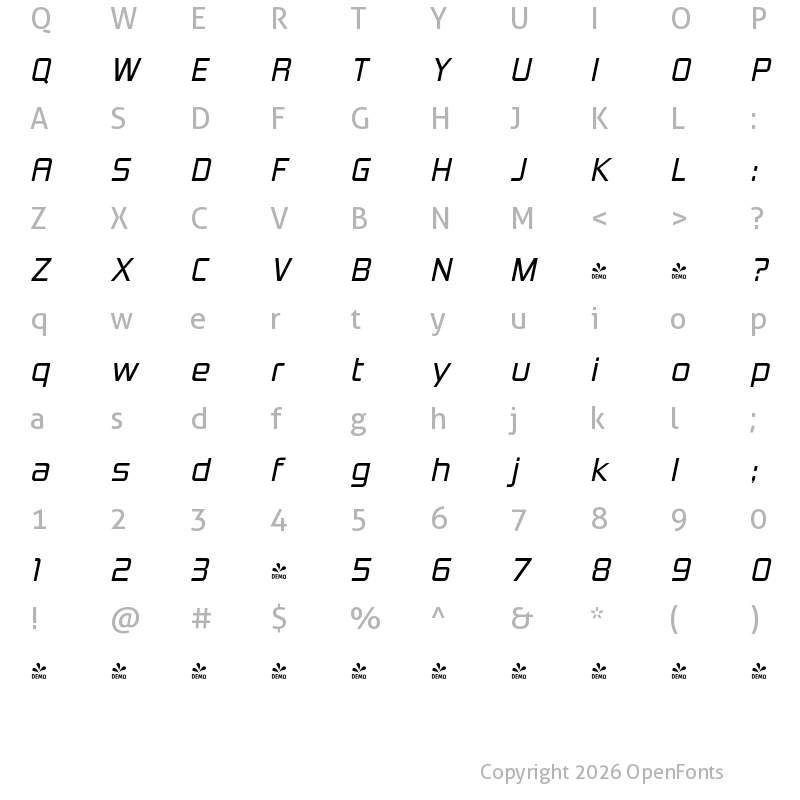 Character Map of FONTSPRING DEMO - Kimberley Bk Italic