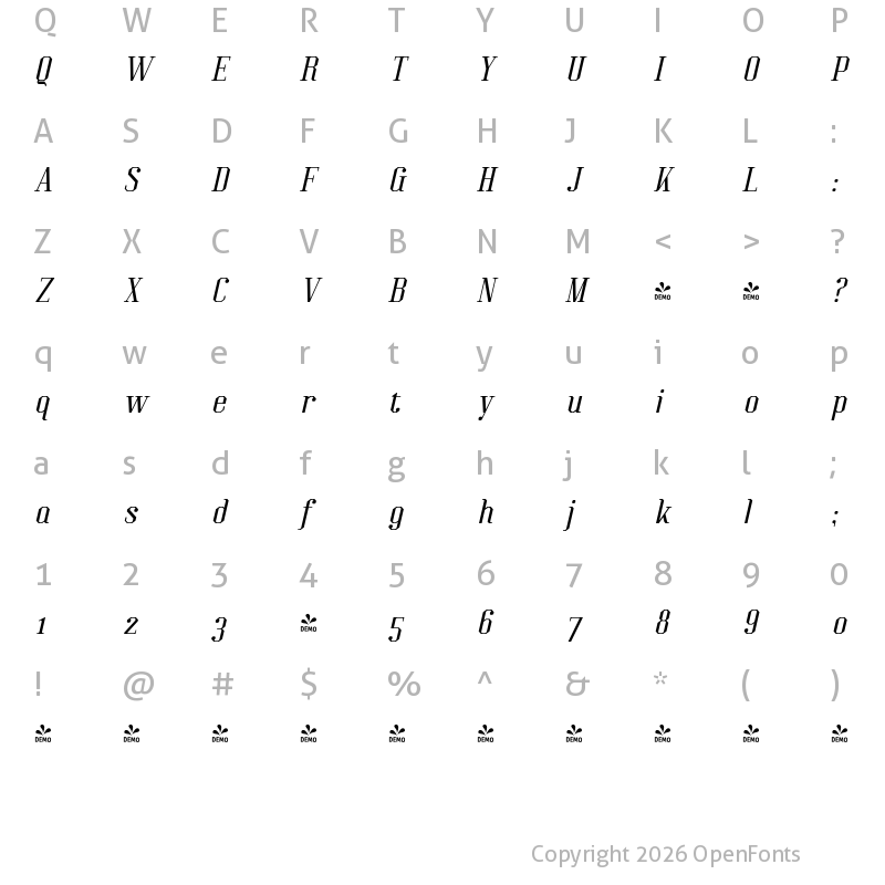 Character Map of FONTSPRING DEMO - Kimbo Italic