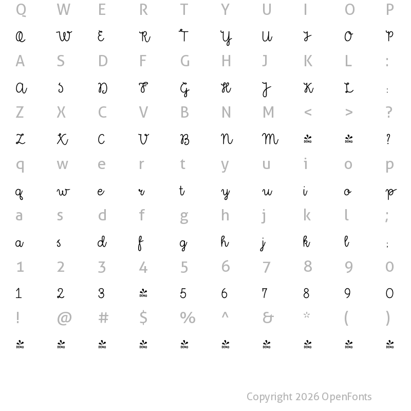 Character Map of FONTSPRING DEMO - Kinfolk Pro Script Script