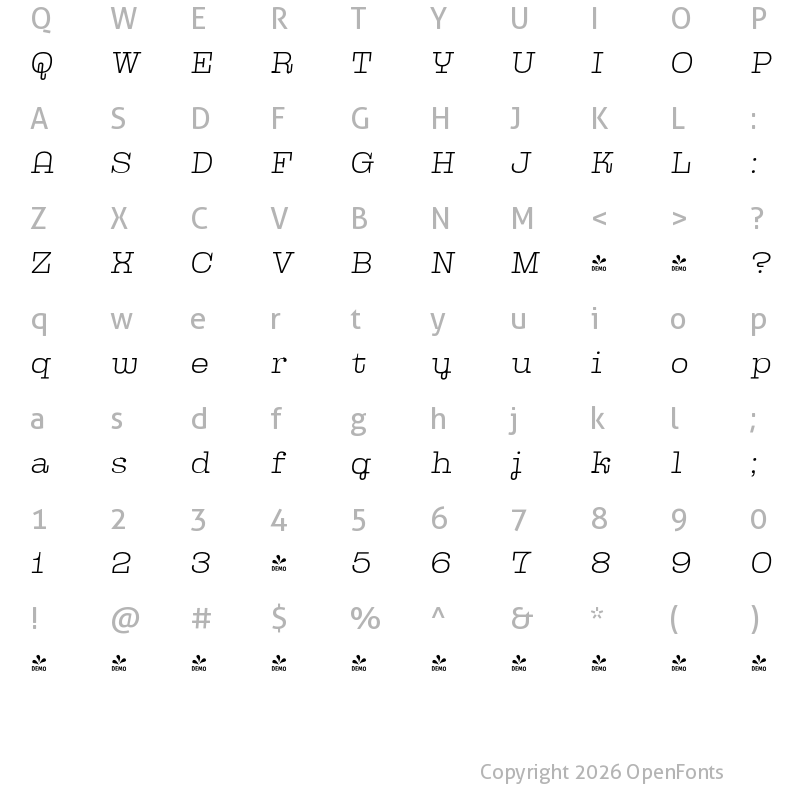 Character Map of FONTSPRING DEMO - Kinghorn 205 Thin Italic