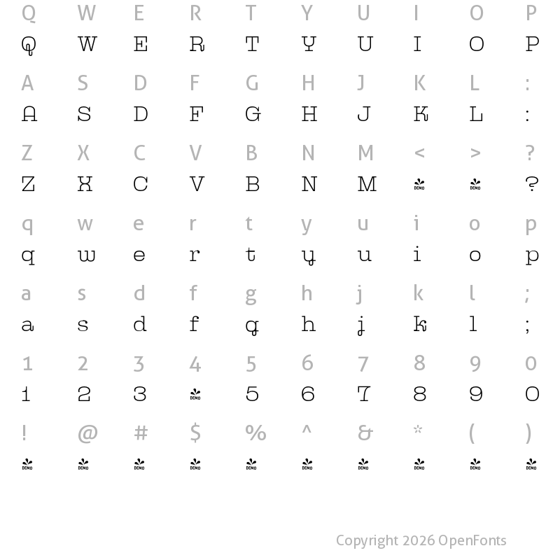 Character Map of FONTSPRING DEMO - Kinghorn 205 Thin Regular