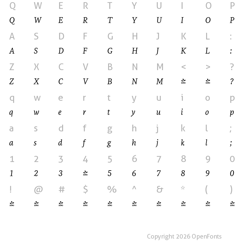 Character Map of FONTSPRING DEMO - Kiperman Italic