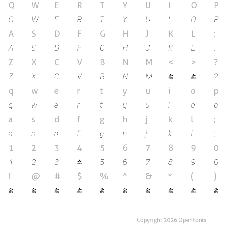 Character Map of FONTSPRING DEMO - Kiro Thin Italic