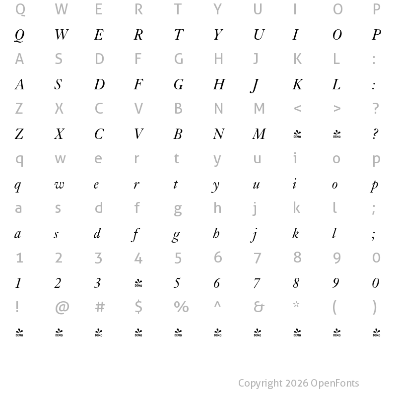 Character Map of FONTSPRING DEMO - Kis BT Italic