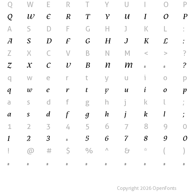 Character Map of FONTSPRING DEMO - Kitsch Medium Italic