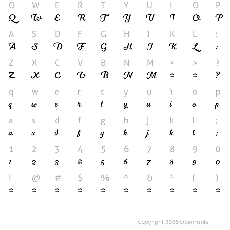 Character Map of FONTSPRING DEMO - Kitten Swash Light Regular