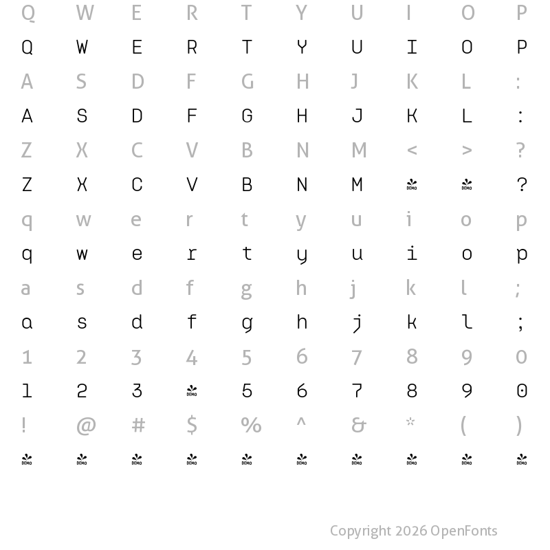 Character Map of FONTSPRING DEMO - Klamp 105 Mono Regular