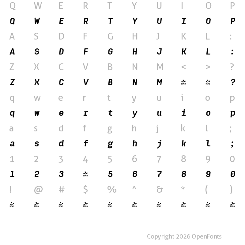 Character Map of FONTSPRING DEMO - Klamp 205 Mono Bold Italic