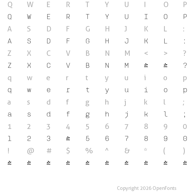 Character Map of FONTSPRING DEMO - Klamp 205 Mono Light Regular