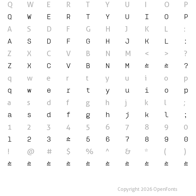 Character Map of FONTSPRING DEMO - Klamp 205 Mono Regular