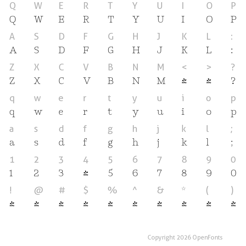 Character Map of FONTSPRING DEMO - Klaud Light Regular