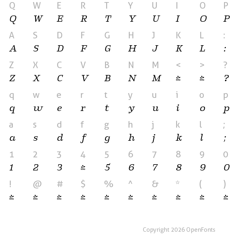 Character Map of FONTSPRING DEMO - Klaud Medium Italic Regular