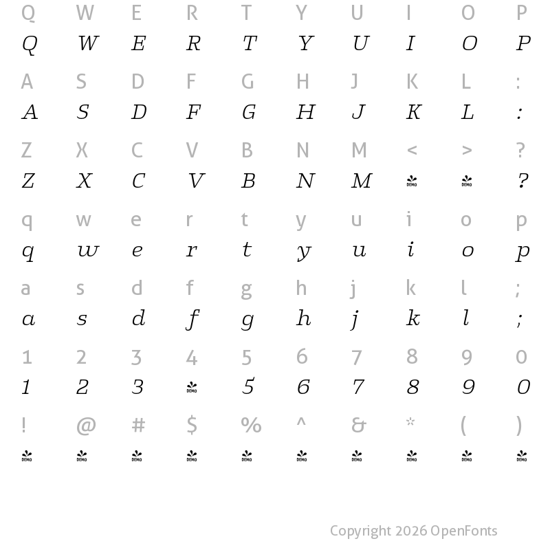 Character Map of FONTSPRING DEMO - Klaud Regular Italic Regular