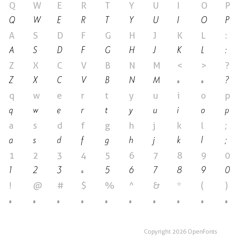 Character Map of FONTSPRING DEMO - Klein Condensed Light Italic