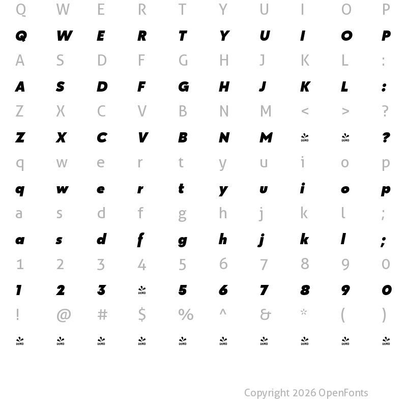 Character Map of FONTSPRING DEMO - Klik Black Italic Regular