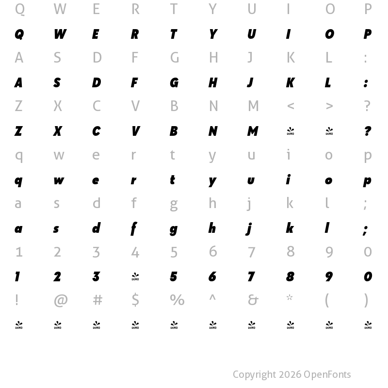 Character Map of FONTSPRING DEMO - Klik Black Narrow Italic Regular