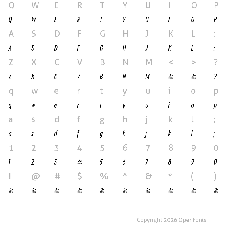 Character Map of FONTSPRING DEMO - Klik Condensed Italic Regular