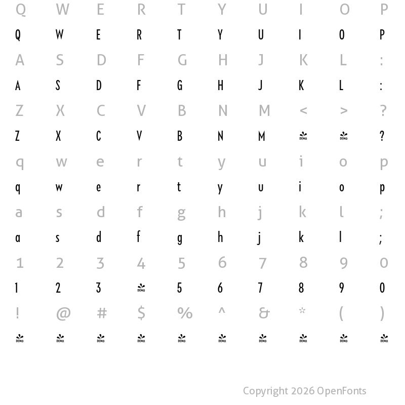 Character Map of FONTSPRING DEMO - Klik Condensed Regular