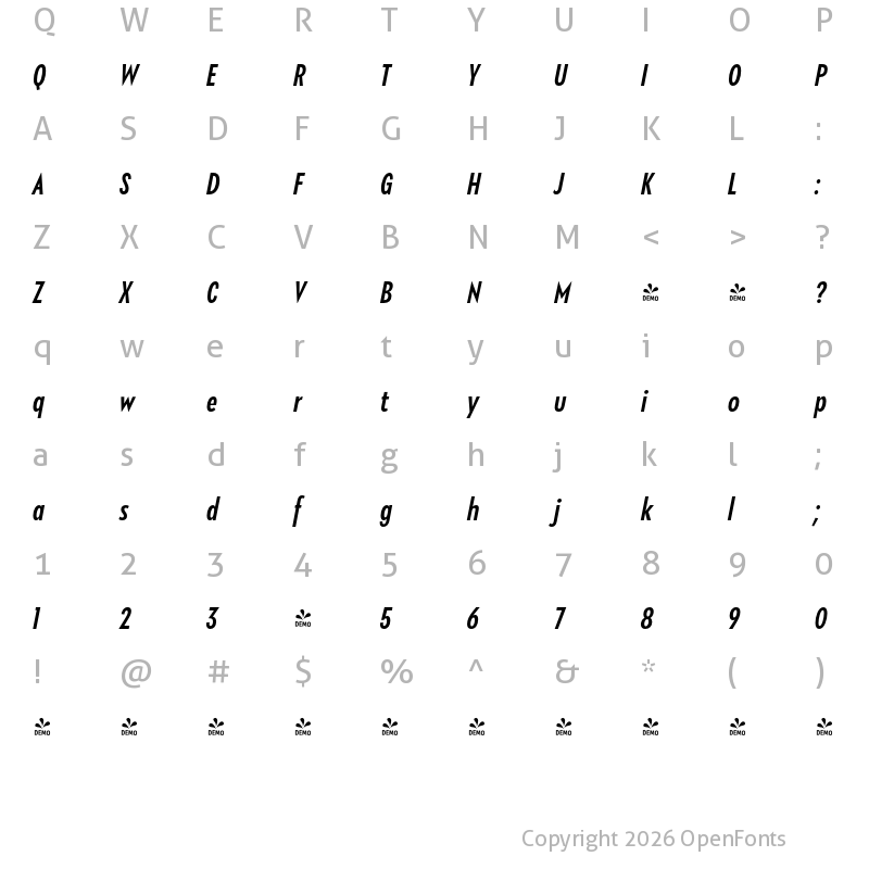 Character Map of FONTSPRING DEMO - Klik Medium Condensed Italic Regular
