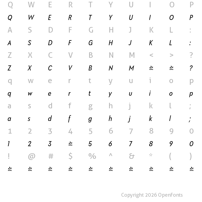 Character Map of FONTSPRING DEMO - Klik Narrow Italic Regular