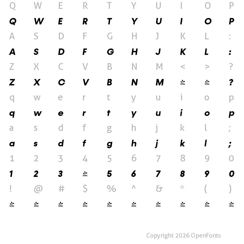 Character Map of FONTSPRING DEMO - Konnect Bold Italic