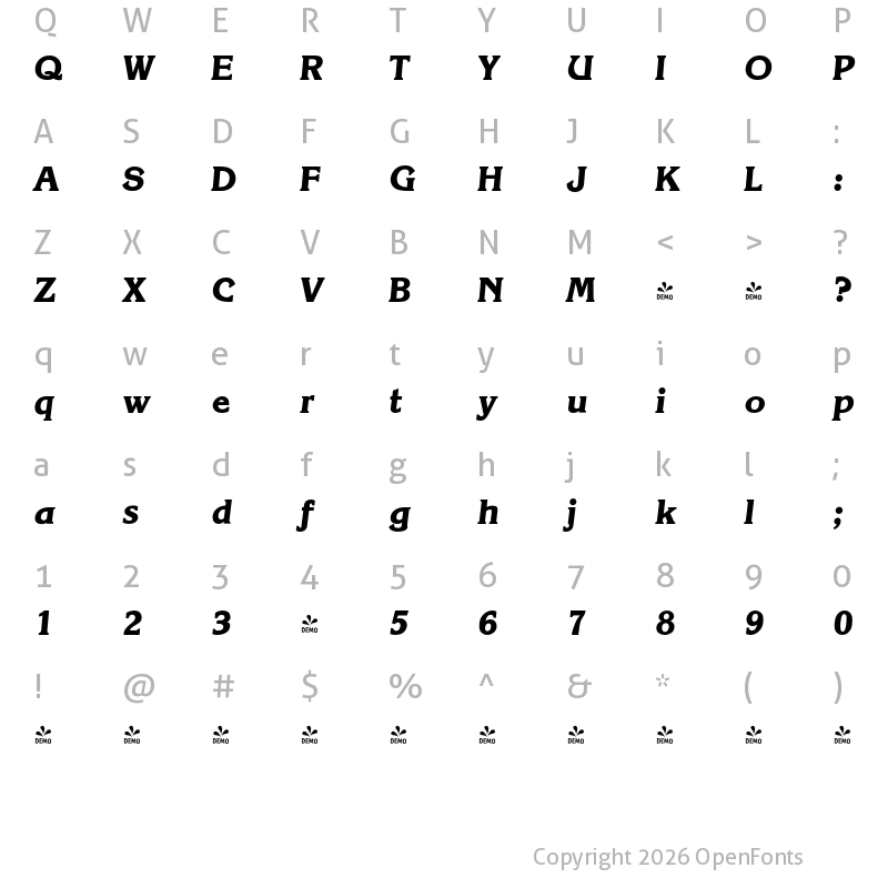 Character Map of FONTSPRING DEMO - Korinth Serial Xbold Italic
